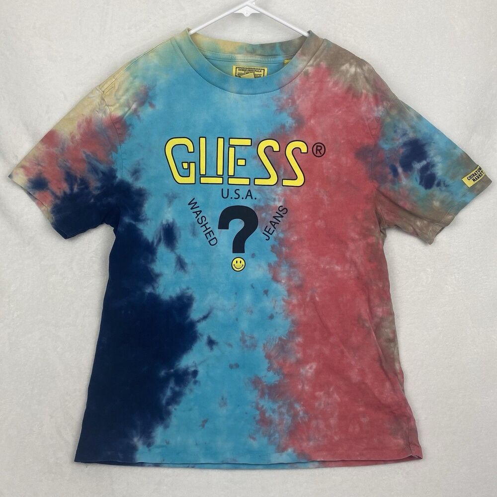 Guess x Chinatown Smiley Shirt Adult Medium Colorful Tie Dye Logo Short Sleeve